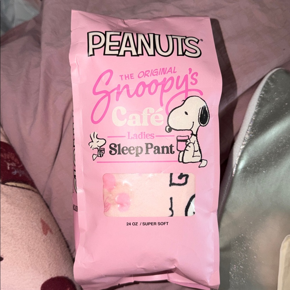 Pink Snoopy pants sleep velour cafe coffee pajamas